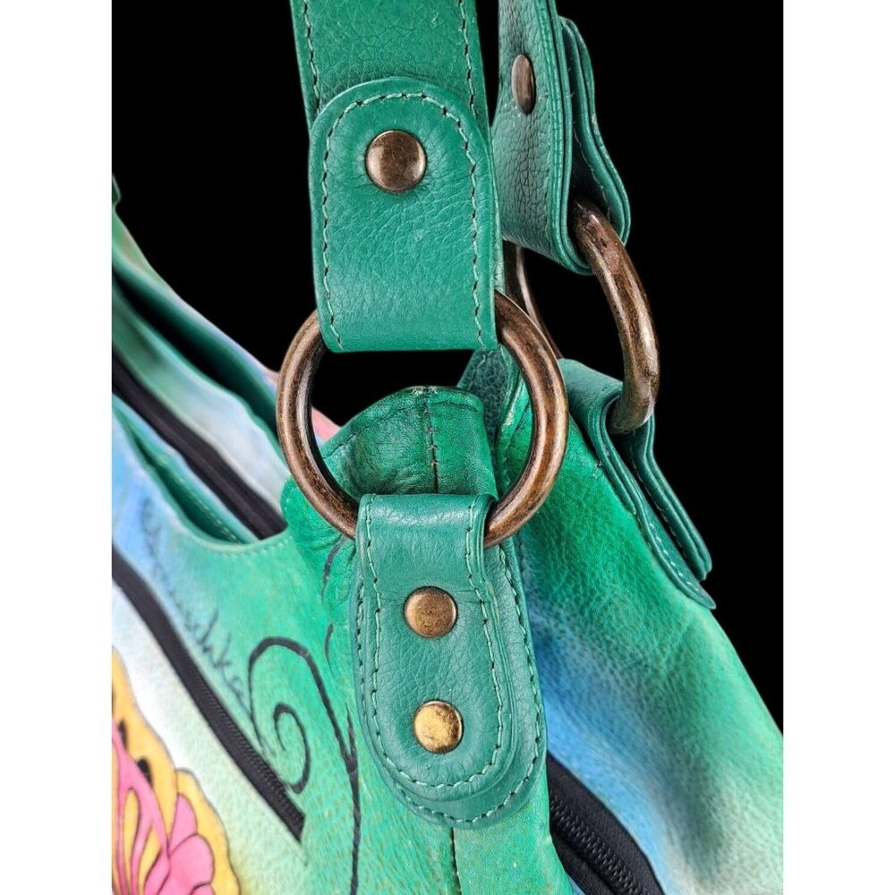 Anuschka Purse Leather Shoulder Bag Large Satchel Hobo Butterfly Floral Green - Picture 12 of 15